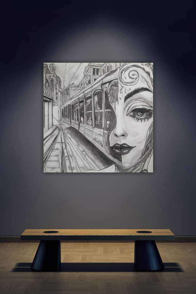 Portrait of a woman's face with a streetcar