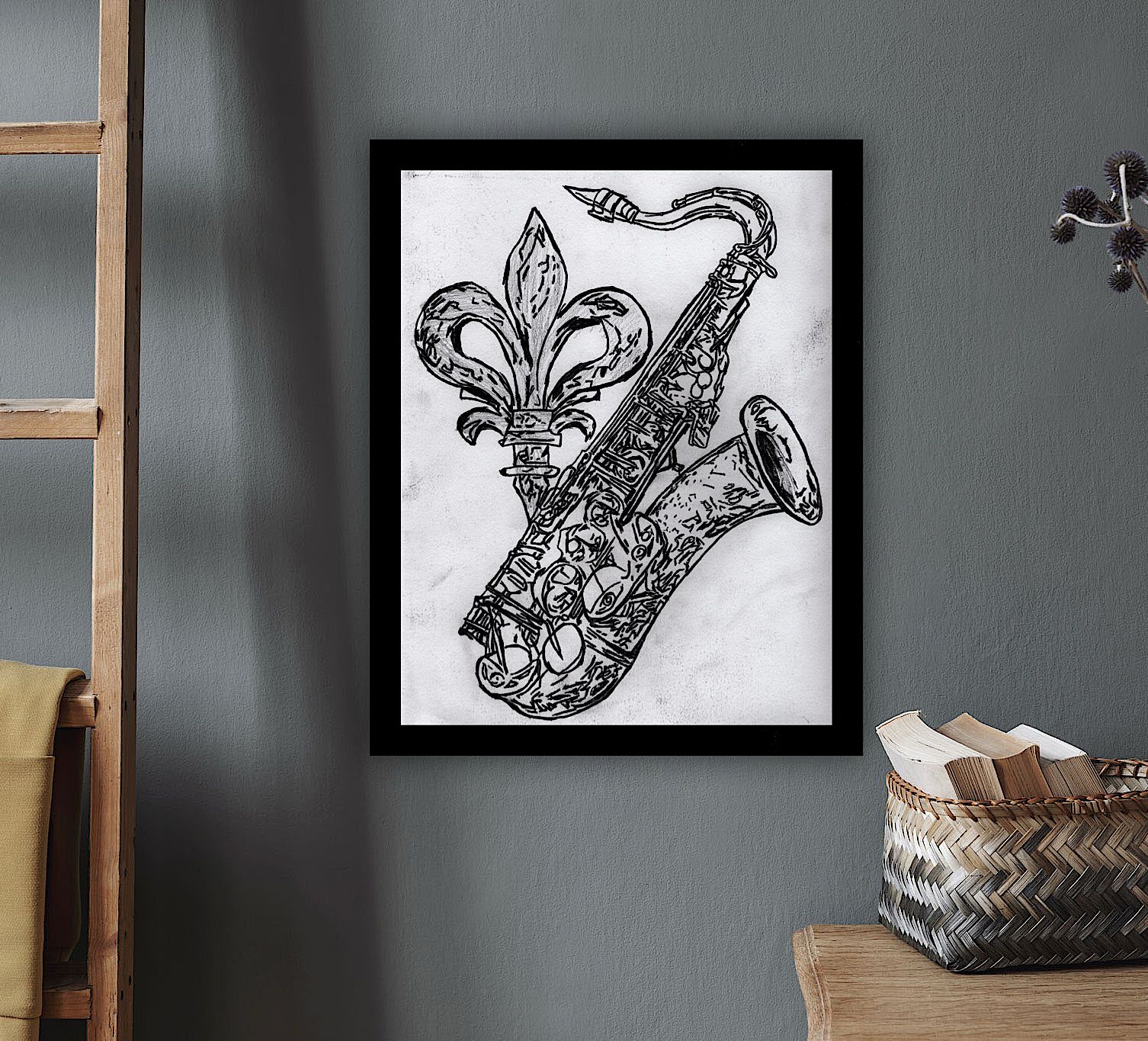 saxophone with a fleur-de-lis symbol