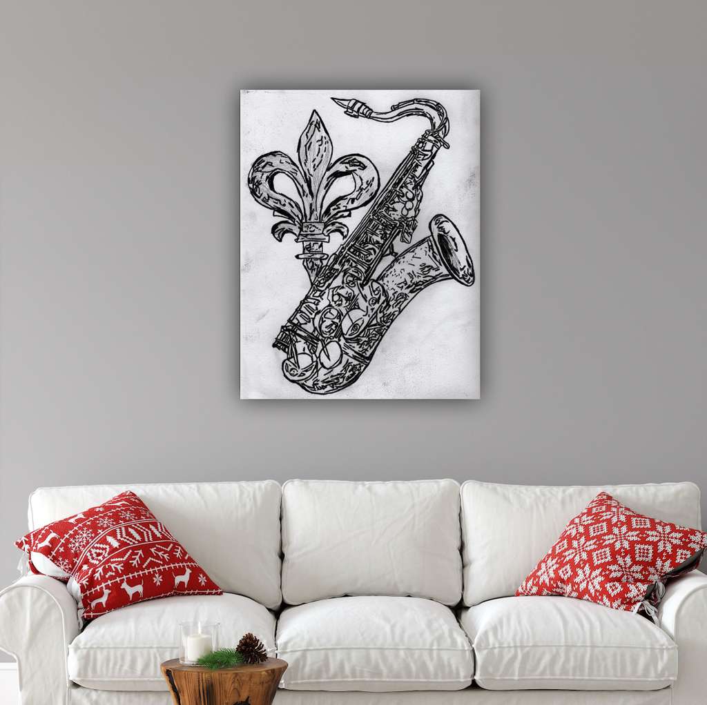 saxophone with a fleur-de-lis symbol