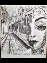 Portrait of a woman's face with a streetcar
