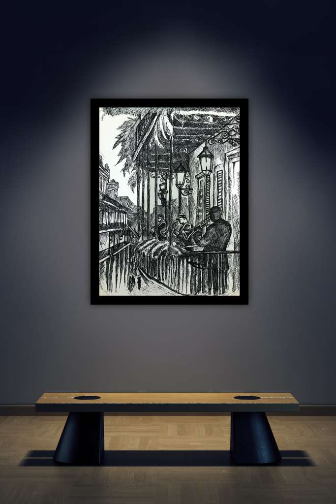 Iron balconies draped in moss