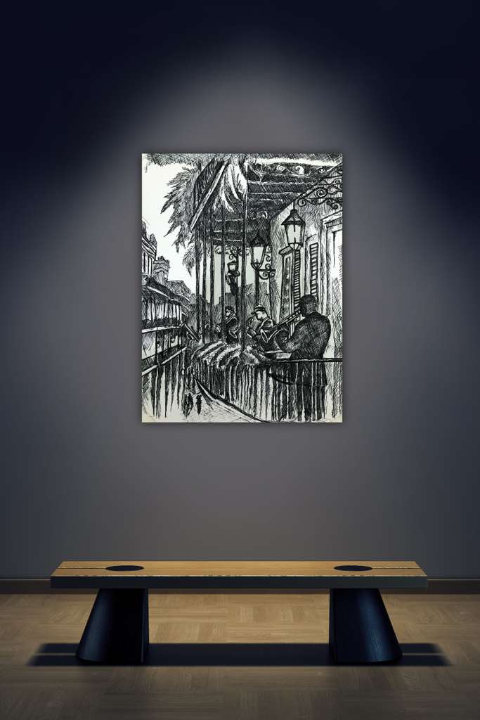 Iron balconies draped in moss