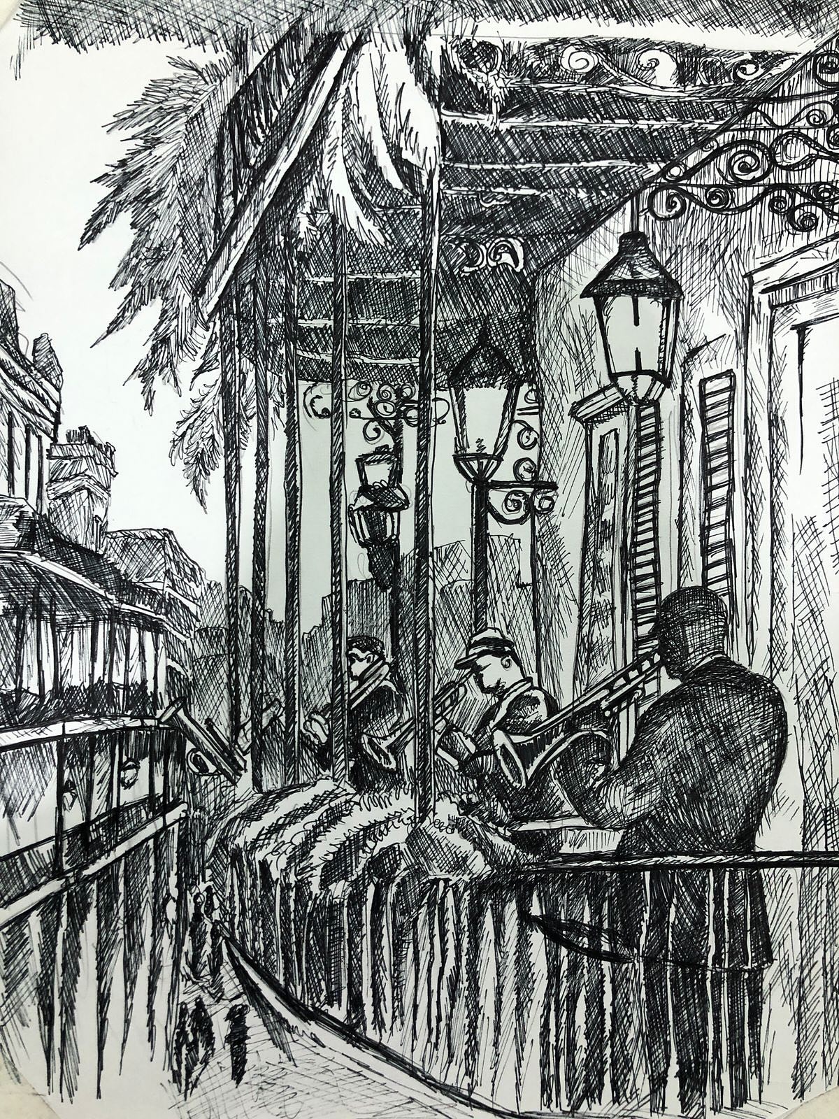 Iron balconies draped in moss